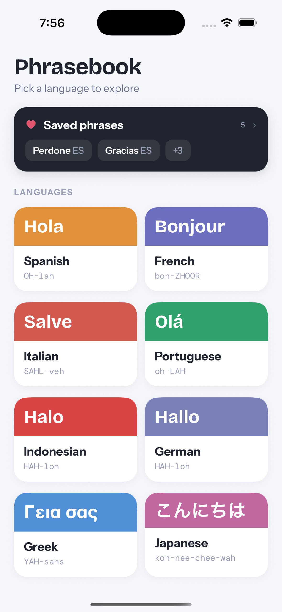 Say Local home screen showing the language picker