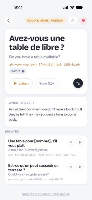 A French phrase with its phonetic spelling and a note on when to use it