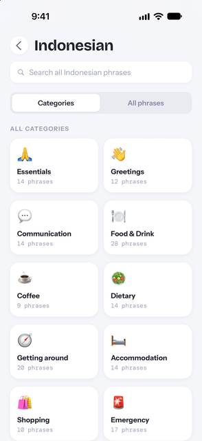 Indonesian phrases sorted into categories — Essentials, Greetings, Food & Drink and more