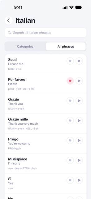 The full Italian phrase list, each phrase beside its English translation