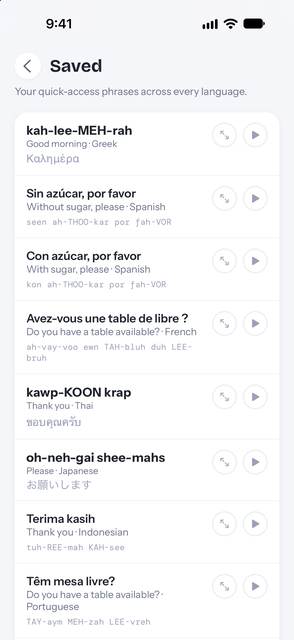 The Saved list, holding favourite phrases from several languages at once
